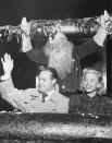 <p>No, they're not heading to the North Pole. Bob Hope and Doris Day, who famously sang "Baby It's Cold Outside" together for Hope's radio show, were simply the guests of honor during a Christmas parade in 1948. </p>