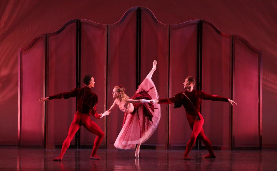 Ricardo Rhodes, Victoria Hulland and Daniel Pratt in a scene from The Sarasota Ballet production of Frederick Ashton’s “Valses nobles et sentimentales.”