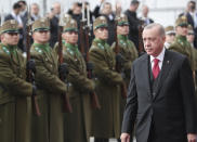 Turkish President Recep Tayyip Erdogan inspects an Hungarian military honour guard, in Budapest, Hungary, Thursday, Nov. 7, 2019. Erdogan is on a one-day state visit to Hungary.( Presidential Press Service via AP, Pool )