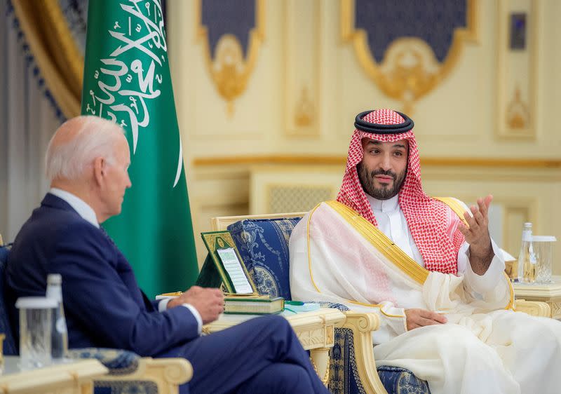 Saudi Crown Prince Mohammed bin Salman and U.S. President Joe Biden meet at Al Salman Palace upon his arrival in Jeddah, Saudi Arabia