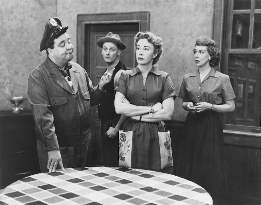 The Honeymooners cast from left: Jackie Gleason, Art Carney, Audrey Meadows, and Joyce Randolph