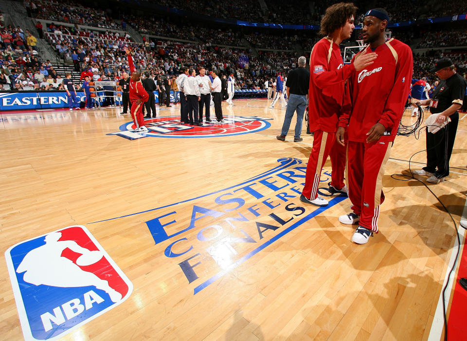 AUBURN HILLS, MI - MAY 21: LeBron James #23 and Anderson Varejao #17 of the Cleveland Cavaliers talk during warm-ups against the Detroit Pistons in Game One of the Eastern Conference Finals during the 2007 NBA Playoffs at The Palace at Auburn Hills on May 21, 2007 in Auburn Hills, Michigan.