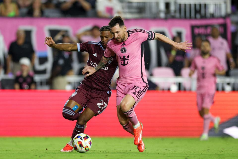 Inter Miami CF forward Lionel Messi (10) and Colorado Rapids forward Kimani Stewart-Baynes (27) battle for the ball in  a match earlier this month. The Rapids are 4-2-3 for 15 points, same as FC Cincinnati.