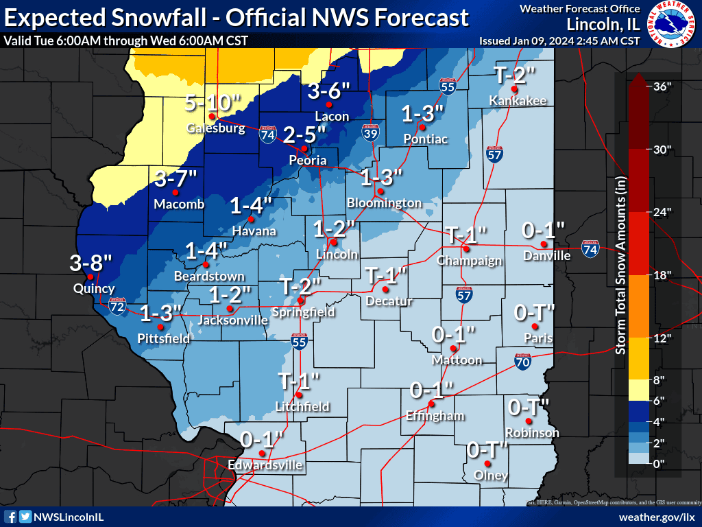 The National Weather Service out of Lincoln , Ill., expects 2 to 5 inches of snow to fall around Peoria over the next 24 hours on Tuesday, Jan. 9, 2024, and as much as 5 to 10 inches near Galesburg.