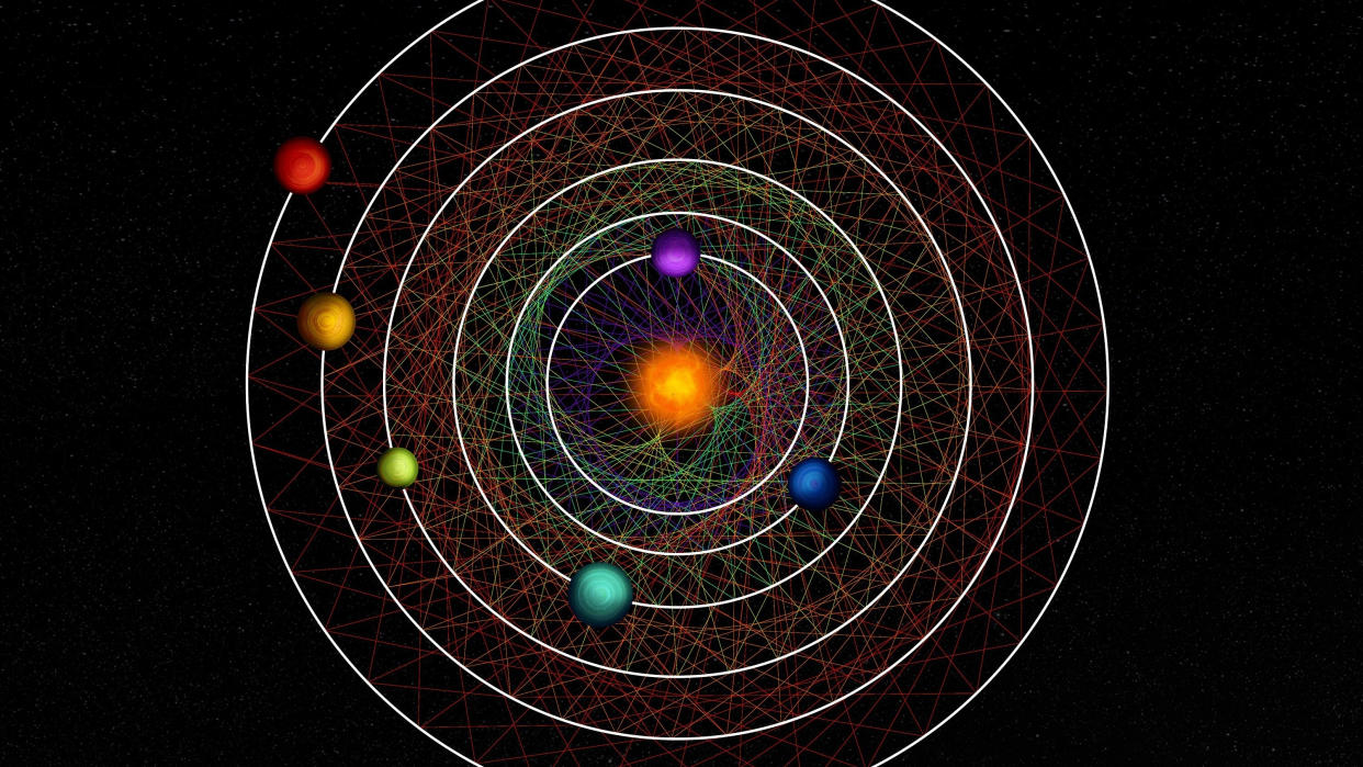  An orange star is orbited by six planets, each a different color. their orbits are outlined with white circles. 