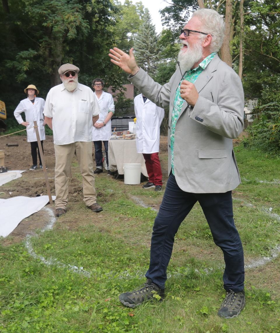 Entrepreneur Tony Troppe speaks during a groundbreaking event for a meditative labyrinth designed by artist Chuck Ayers in collaboration with brother Mike Ayers at Highland Universal Gathering (HUG) Place on Friday, August 11, 2023 in Akron.