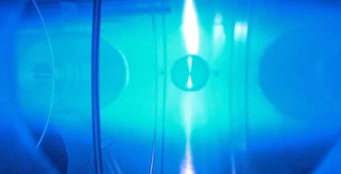 Plasma held in the WHAM experimental fusion reactor.