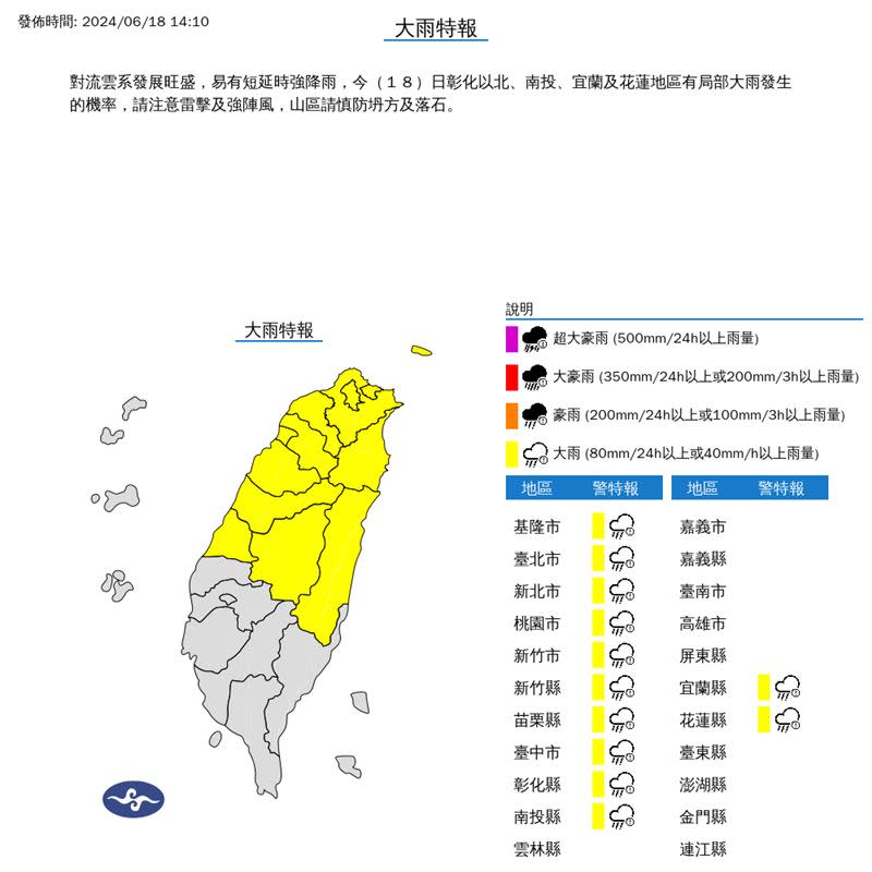 氣象署在14:10發布大雨特報。（圖／翻攝自氣象署）