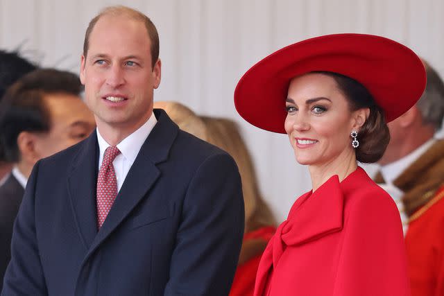 <p>Chris Jackson - WPA Pool/Getty Images</p> Prince William and Kate Middleton attend a ceremonial welcome for the President and First Lady of the Republic of Korea on Nov. 21, 2023