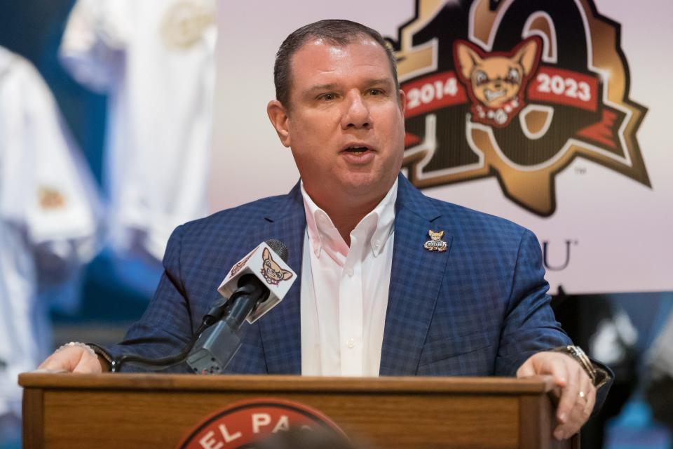 Brad Taylor, senior vice president of MountainStar Sports Group and the Chihuahuas general manager, announces the El Paso Chihuahuas 10th-year celebration, presented by GECU, with a new set of jerseys for the upcoming 2023 season at the Chihuahuas Team Shop at Southwest University Park on Friday.