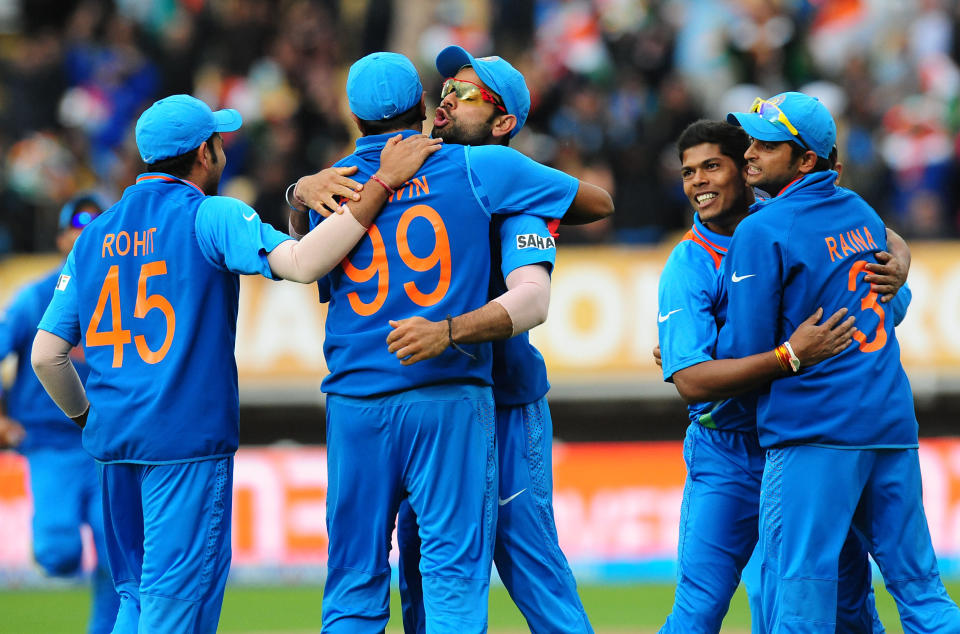 India players celebrate Alastair Cook wicket bowled , Umesh Yada (second right) caught Ravichandran Ashwin (99) for 2 during the ICC Champions Trophy Final at Edgbaston, Birmingham.