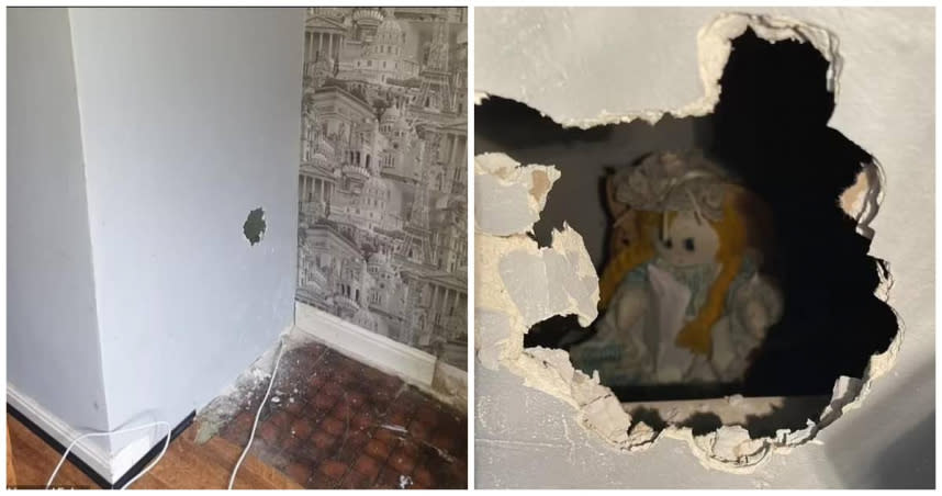 新屋主翻修，驚見洋娃娃被封在牆裡。（合成圖／翻攝Horror Losers臉書）