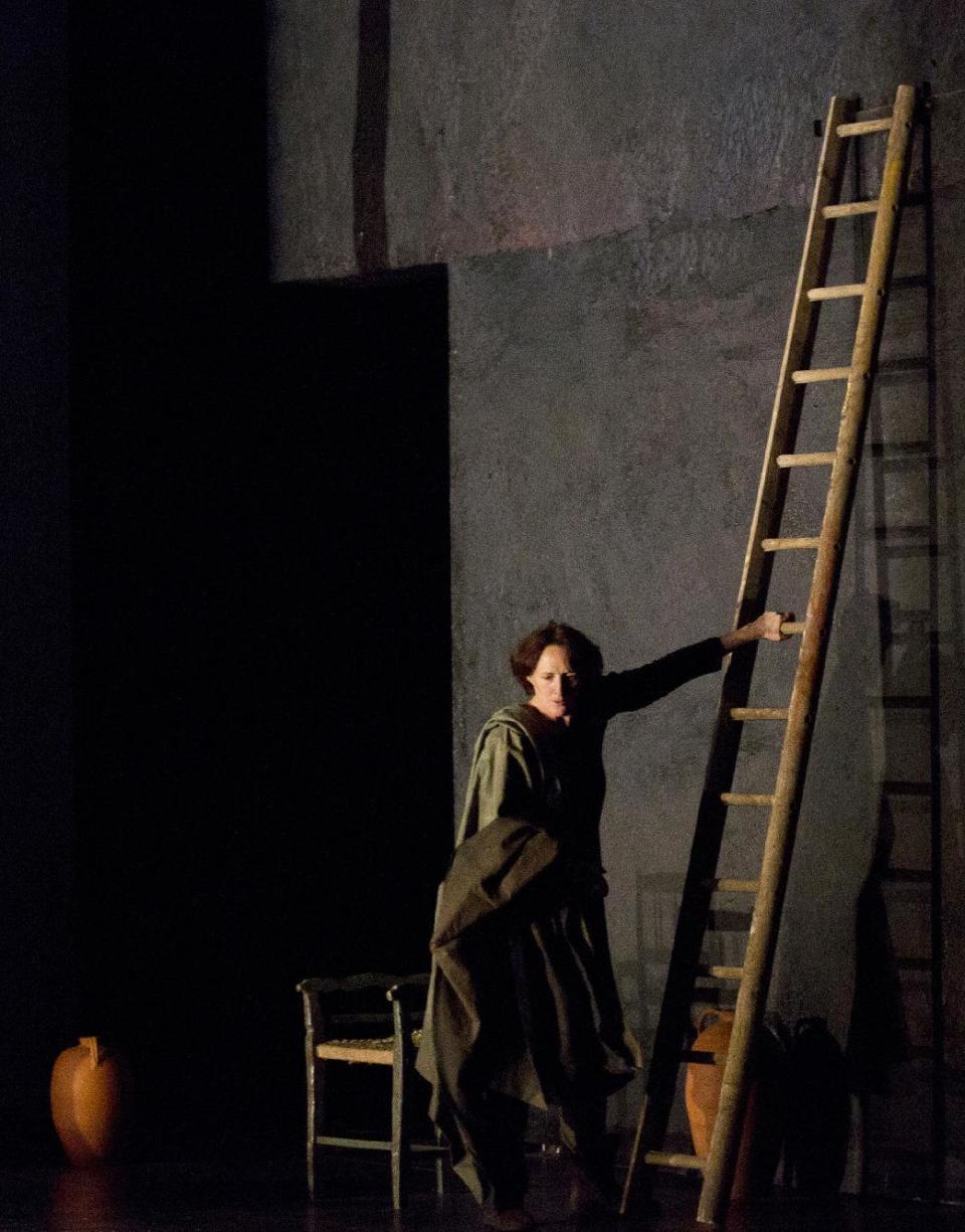 This undated publicity photo provided by Philip Rinaldi Publicity shows Fiona Shaw as Mary in a scene from play, “The Testament of Mary,” by Colm Toibin, which opens Monday, April 22, 2013. The one-woman show directed Deborah Warner is currently playing a limited engagement on Broadway at the Walter Kerr Theatre in New York. (AP Photo/Philip Rinaldi Publicity, Paul Kolnik)