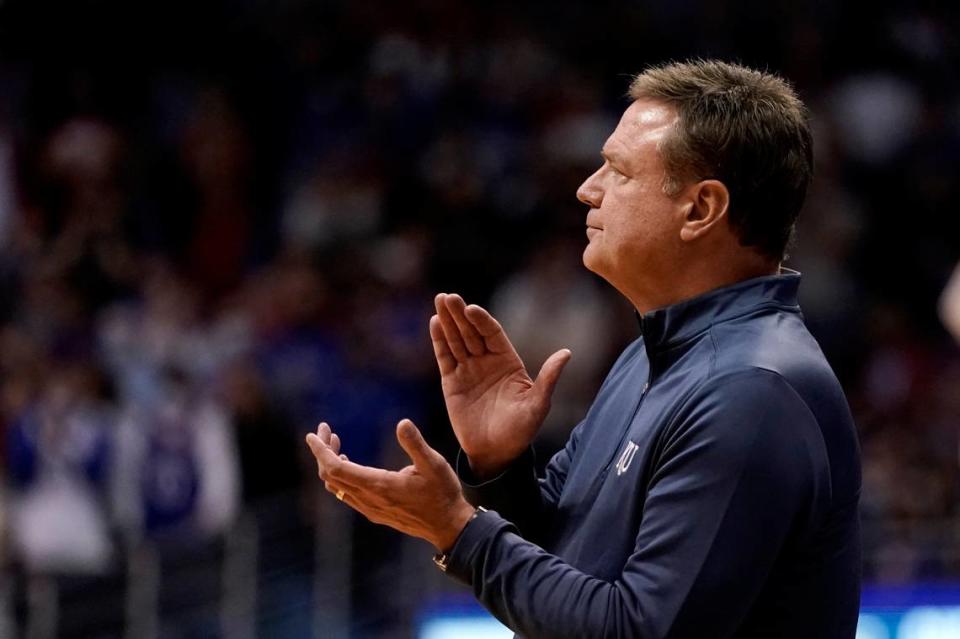 Kansas head coach Bill Self claps after a basket during the second half of a game against Tarleton State, Friday, Nov. 12, 2021, in Lawrence, Kan.