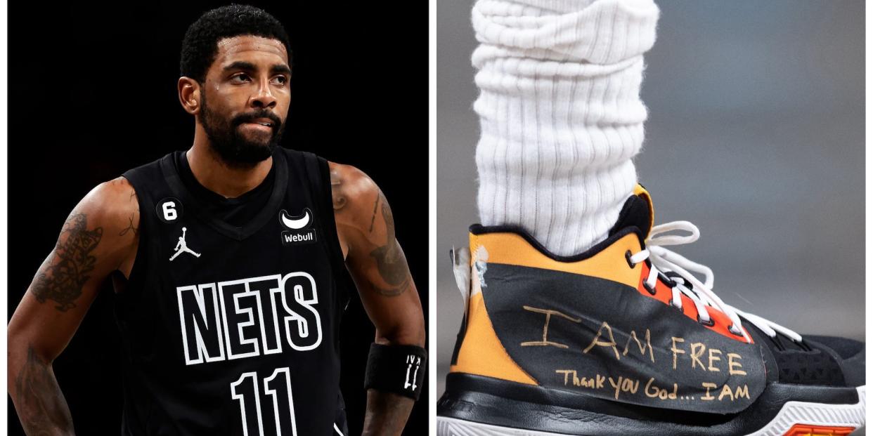 A side-by-side shows Kyrie Irving standing with his hands on his hips during a Nets game next to a photo of his shoes with the words "I am free, thank God I am" written on them.