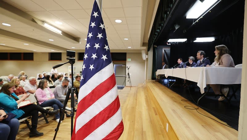 Republican Utah attorney general candidate speak to attendees at the Holladay City Hall in Holladay on Thursday, April 4, 2024.