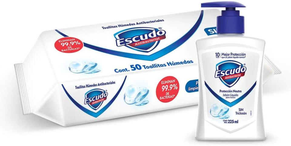 Escudo Antibacterial, Jabón Líquido para Manos 225 ml Y Toallitas Húmedas 50 Piezas, 99,9% Libre de Bacterias/Amazon.com.mx