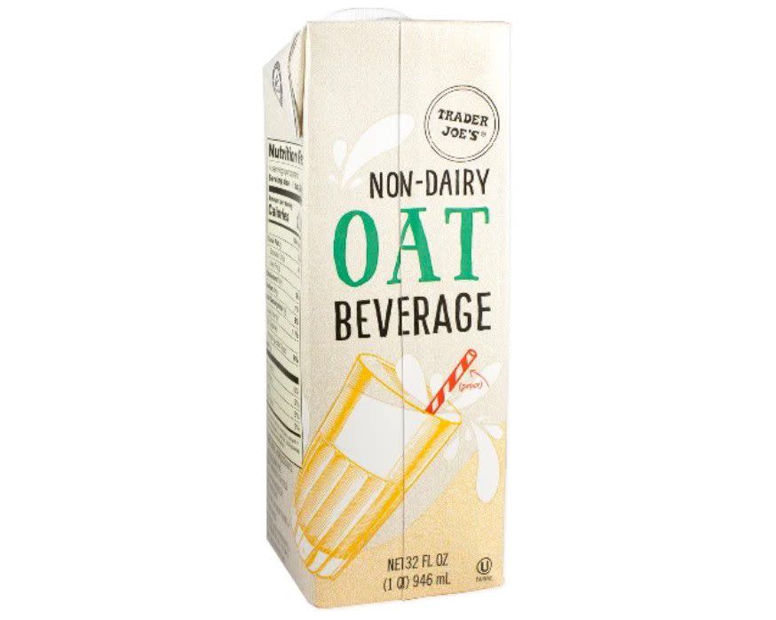 Carton of Trader Joe's shelf-stable, non-dairy oat beverage