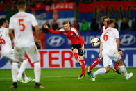 Soccer Football - 2018 World Cup Qualifications - Europe - Austria vs Serbia - Ernst Happel Stadion, Vienna, Austria - October 6, 2017 Austria’s Florian Kainz shoots at goal REUTERS/Leonhard Foeger