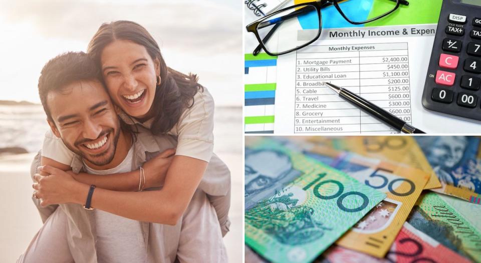 Compilation image of young couple in love, pile of cash and list of monthly expenses with a calculator, glasses and a pen