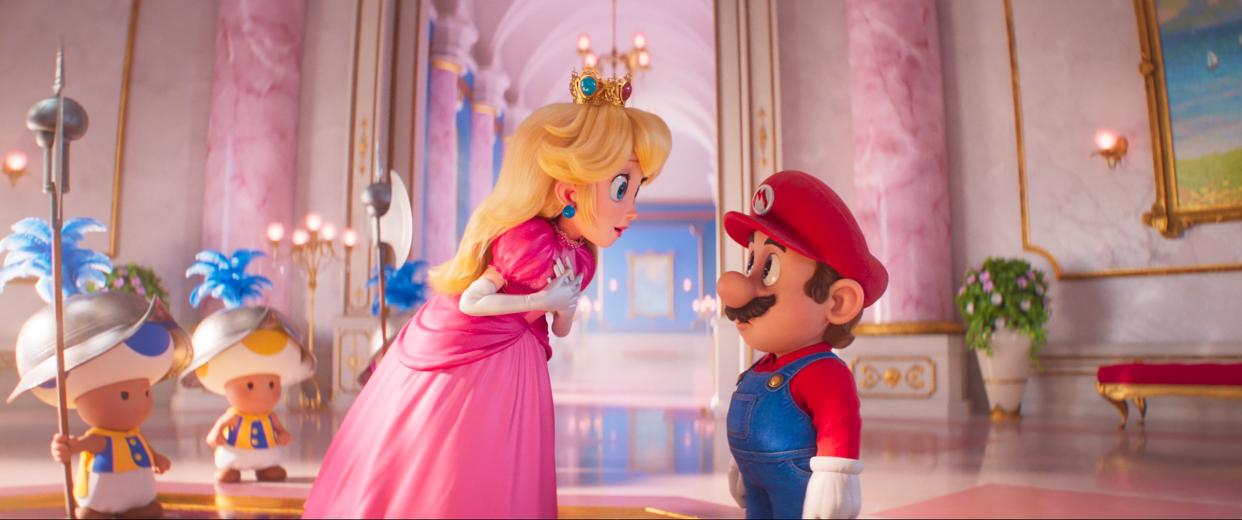 (from left) Princess Peach (Anya Taylor-Joy) and Mario (Chris Pratt) in Nintendo and Illumination’s The Super Mario Bros. Movie, directed by Aaron Horvath and Michael Jelenic.