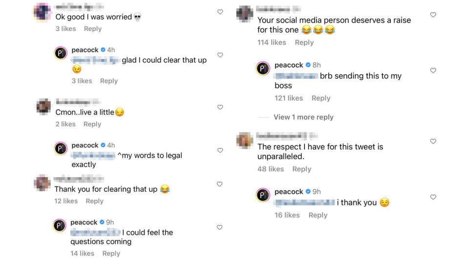 Peacock interacts with fans on Instagram account