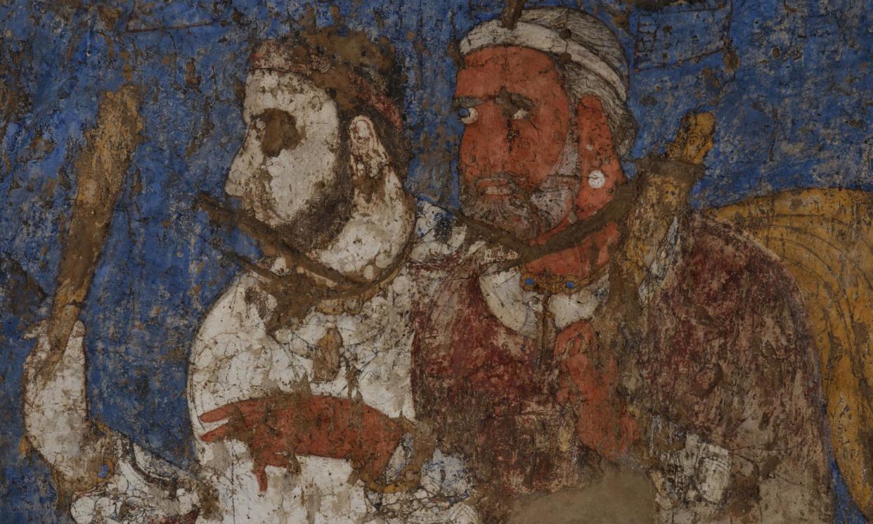 <span>Detail from the 7th-century wall painting from the ‘Hall of the Ambassadors’ in Uzbekistan.</span><span>Photograph: © ACDF of Uzbekistan, Samarkand State Museum Reserve</span>