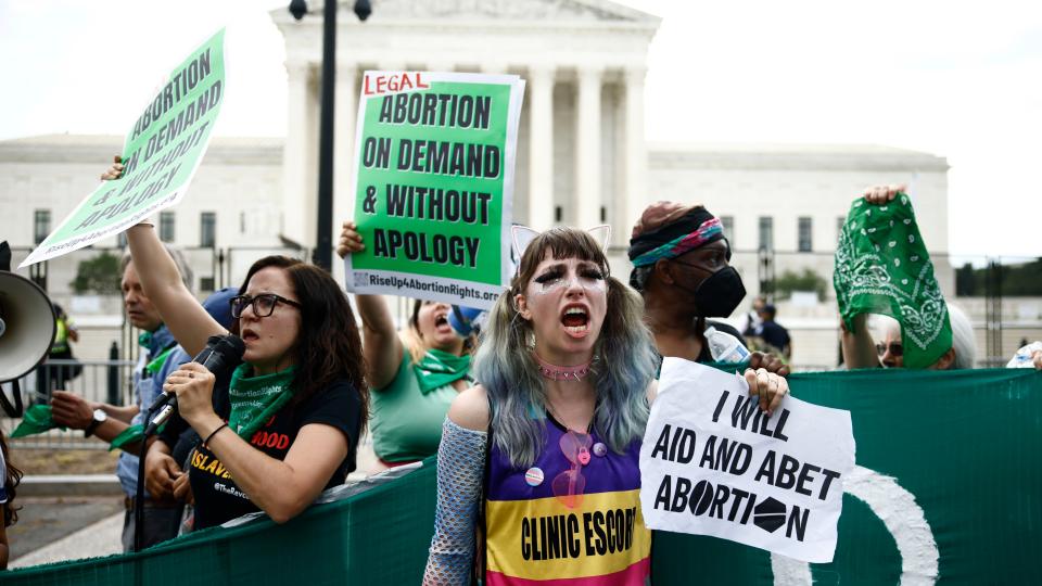 Abortion rights demonstrators outside the US Supreme Court in Washington, D.C., US, on Friday, June 24, 2022. A deeply divided Supreme Court overturned the 1973 Roe v. Wade decision and wiped out the constitutional right to abortion, issuing a historic ruling likely to render the procedure largely illegal in half the country. Photographer: Samuel Corum/Bloomberg via Getty Images