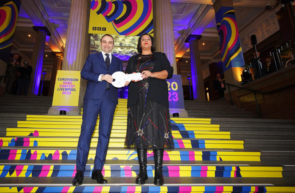 Mayor of Turin Stefano Lo Russo and Mayor of Liverpool Joanne Anderson at St George’s Hall in Liverpool, as the Eurovision Song Contest is officially passed to the city of Liverpool. Image: Peter Byrne/PA Images via Getty Images