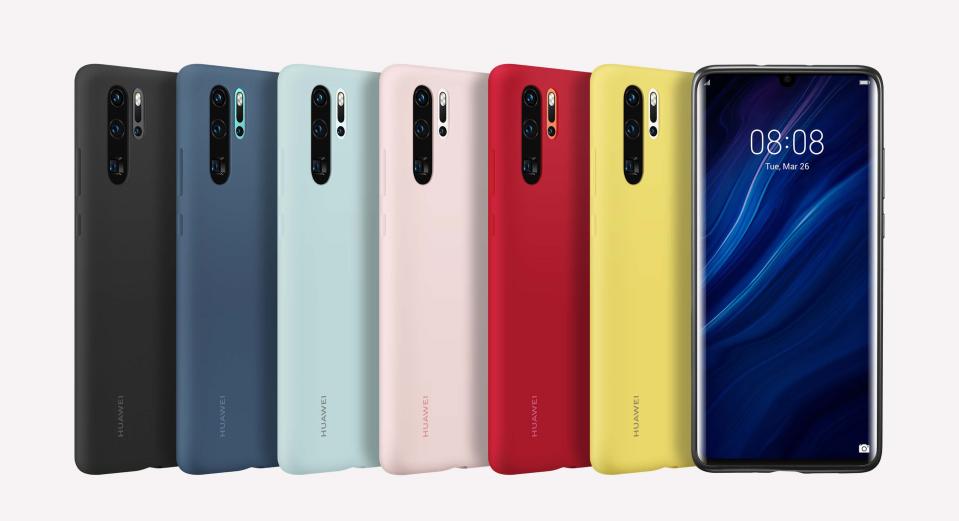 Huawei's P30 phone in a variety of colors.