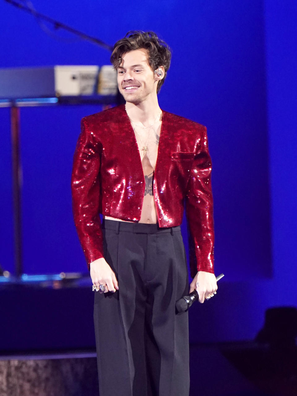 Harry Styles performing during the Brit Awards 2023 at the O2 Arena, London. Picture date: Saturday February 11, 2023. (Photo by Ian West/PA Images via Getty Images)