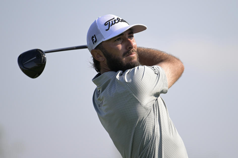 FILE - Max Homa watches his tee shot on the 16th hole during the second round of the Arnold Palmer Invitational golf tournament, Friday, March 3, 2023, in Orlando, Fla. (AP Photo/Phelan M. Ebenhack, File)