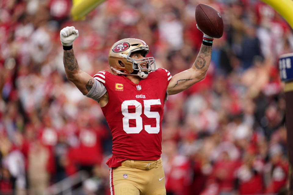 Dec 10, 2023; Santa Clara, California, USA; San Francisco 49ers tight end George Kittle (85) celebrates after scoring a touchdown against the <a class="link " href="https://sports.yahoo.com/nfl/teams/seattle/" data-i13n="sec:content-canvas;subsec:anchor_text;elm:context_link" data-ylk="slk:Seattle Seahawks;sec:content-canvas;subsec:anchor_text;elm:context_link;itc:0">Seattle Seahawks</a> in the fourth quarter at Levi’s Stadium. Mandatory Credit: Cary Edmondson-USA TODAY Sports