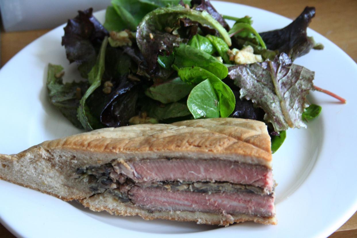 Pressed steak & mushroom sandwich