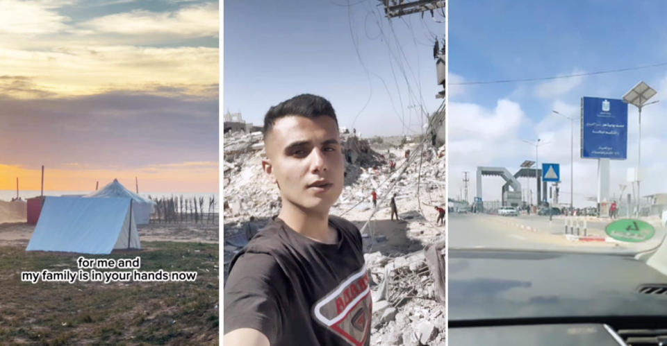 Abdullah Alqatrawi's Instagram features videos he has shot around Gaza in the last few months, including his living conditions, left, the ruins of his neighborhood and his family crossing the border. (@aqatrawii via Instagram)