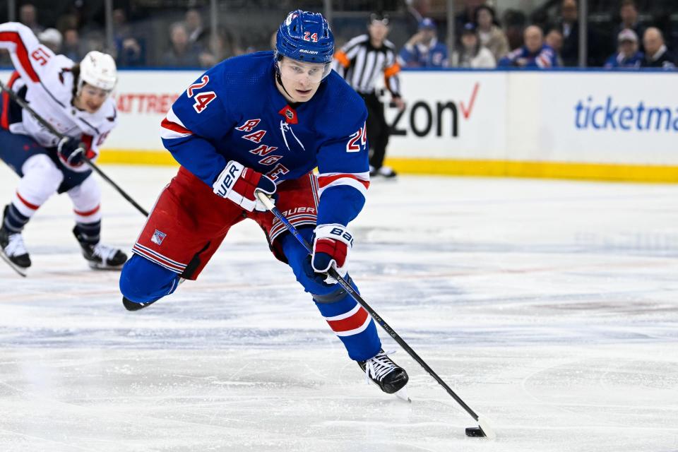 Apr 23, 2024; New York, New York, USA; New York Rangers right wing Kaapo Kakko (24) skates across the blue line against the Washington Capitals during the third period in game two of the first round of the 2024 Stanley Cup Playoffs at Madison Square Garden.