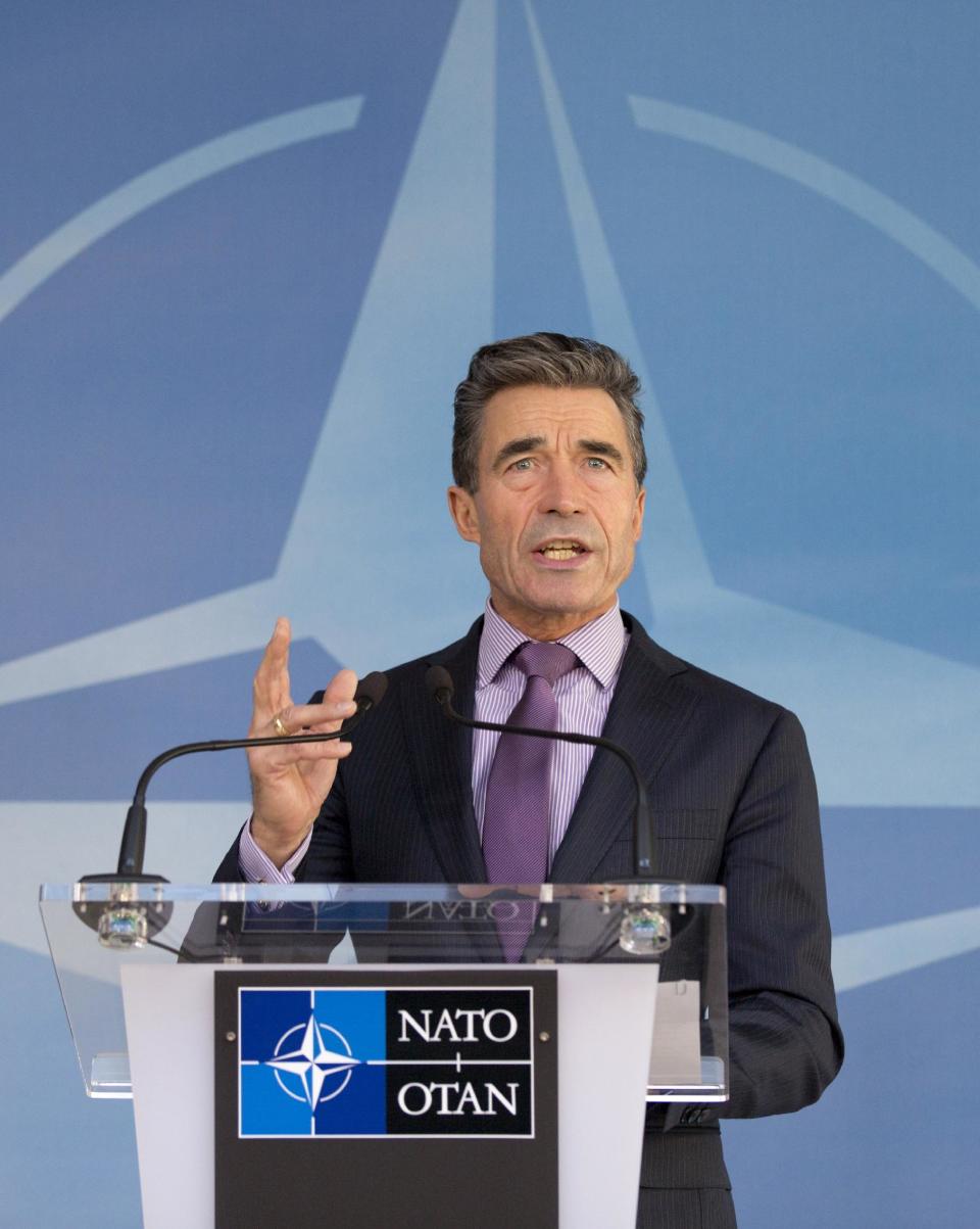 NATO Secretary General Anders Fogh Rasmussen speaks during media conference, prior to a meeting of defense ministers of the North Atlantic Council, at NATO headquarters in Brussels on Wednesday, Feb. 26, 2014. Frustrated with his Afghan counterpart, U.S. President Barack Obama is ordering the Pentagon to accelerate planning for a full U.S. troop withdrawal from Afghanistan by the end of this year. But Obama is also holding out hope that Afghanistan's next president may eventually sign a stalled security agreement that could prevent the U.S. from having to take that step. (AP Photo/Virginia Mayo)