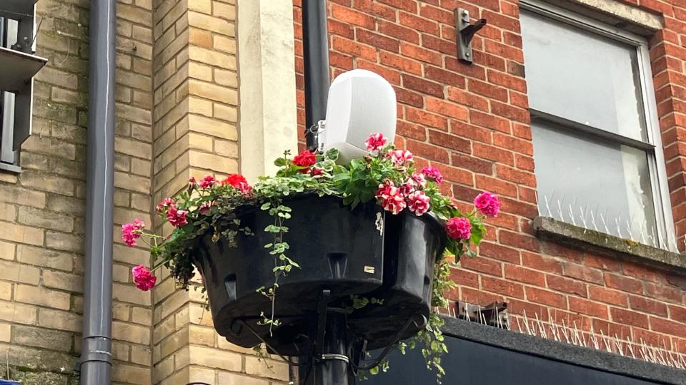 A hanging basket with a white speaker attached to the wall behind it 