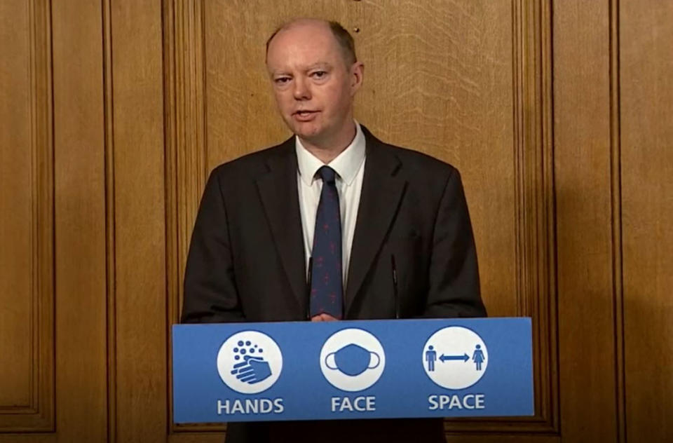 Chief Medical Officer Professor Chris Whitty during a media briefing on coronavirus (COVID-19) in Downing Street, London.