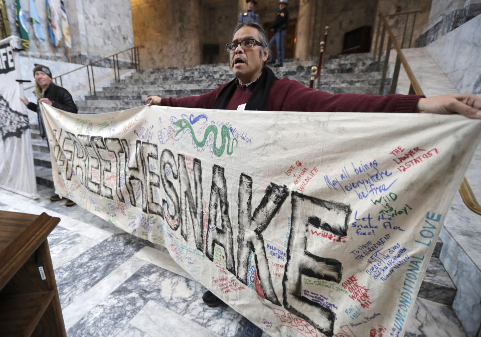 FILE - Elliott Moffett, a member of the Nez Perce Indian tribe, holds a sign that reads Free The Snake as he takes part in a rally to promote the breaching of dams on Feb. 4, 2019, at the Capitol in Olympia, Wash. A report released Thursday, June 9, 2022, said the benefits provided by four giant hydroelectric dams on the Snake River in Washington state can be replaced if the dams are breached to save endangered salmon runs. But finding other ways to provide electricity, irrigation and enabling commerce would cost up to $27.2 billion, the report said. (AP Photo/Ted S. Warren, File)