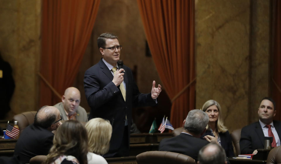 Rep. Matt Shea, R-Spokane, speaks Tuesday, April 9, 2019, on the House floor at the Capitol in Olympia, Wash., as lawmakers continued to work through the final month of the regular session of the Legislature. (AP Photo/Ted S. Warren)