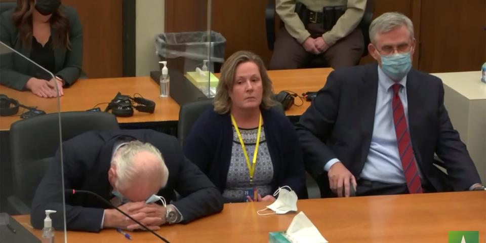 In this screen grab from video, former Brooklyn Center Police Officer Kim Potter center, with defense attorney Earl Gray, left, and Paul Engh sit at the defense table after the verdict is read