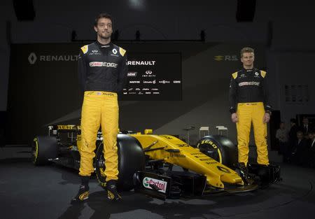 Britain Formula One - F1 - 2017 Renault Formula One Car Launch - The Lindley Hall, London - 21/2/17 Renault's Jolyon Palmer and Nico Hulkenberg unveil the new car Reuters / Alan Walter Livepic