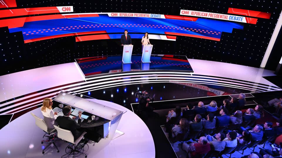 Former South Carolina Gov. Nikki Haley and Florida Gov. Ron DeSantis participate in a CNN Republican Presidential Debate at Drake University in Des Moines, Iowa, on January 10. - Will Lanzoni/CNN