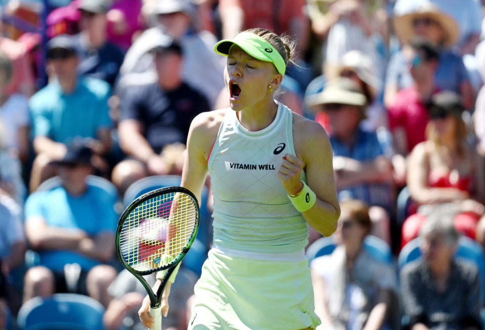 Harriet Dart celebrates against Marie Bouzkova at the LTA's Rothesay International Eastbourne at Devonshire Park (Kate Green/Getty Images for LTA)