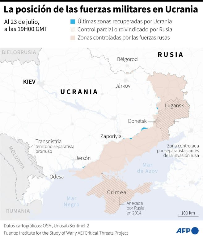 Mapa de las zonas controladas por las fuerzas ucranianas y rusas en Ucrania, al 23 de julio de 2024 a las 19H00 GMT (Cléa Péculier, Sophie Ramis, Valentin Rakovsky)