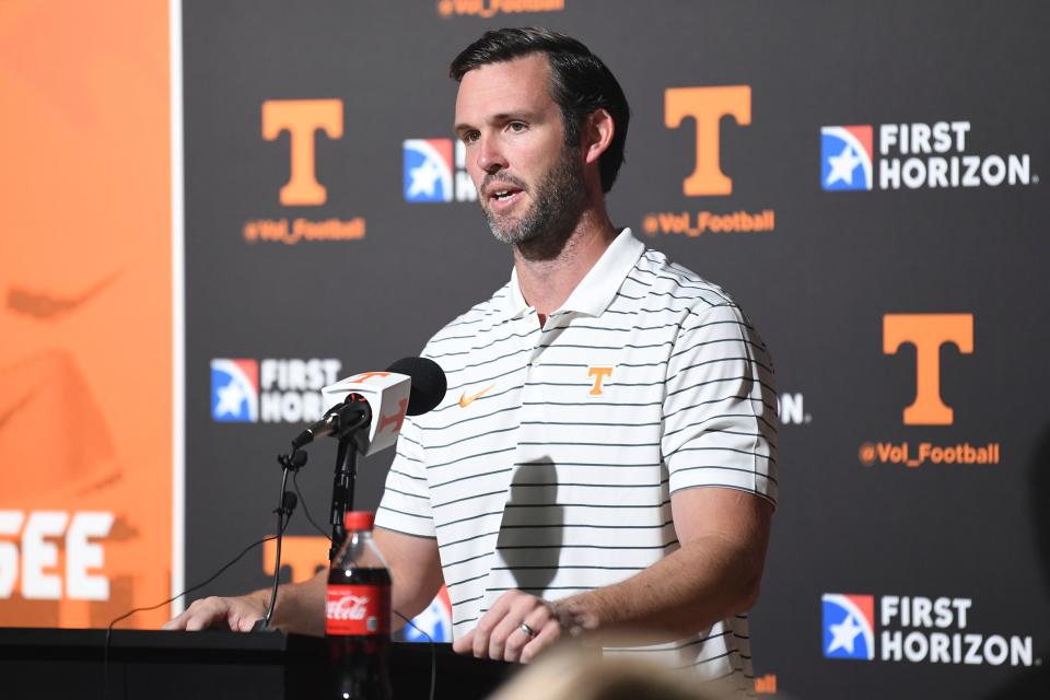 Tennessee offensive coordinator and quarterbacks coach Joey Halzle speaks at a press conference during Tennessee Football Media Day, Tuesday, Aug. 1, 2023.