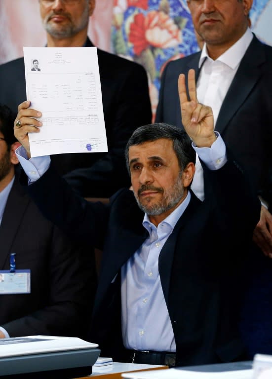 Former Iranian president Mahmoud Ahmadinejad registers on April 12, 2017, for next month's presidential elections