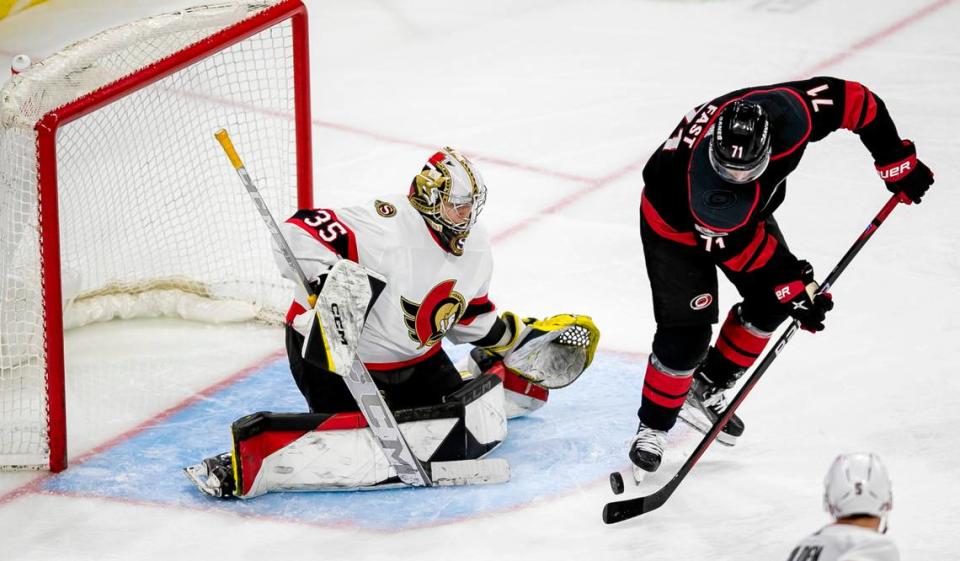The Carolina Hurricanes Jesper Fast (71) works to score on Ottawa goalie Leevi Merilainen (35) during the third period on Tuesday, April 4, 2023 at PNC Arena in Raleigh, N.C.