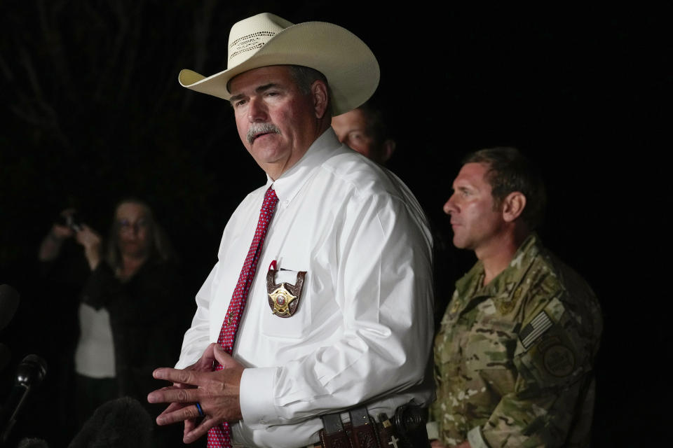 San Jacinto County Sheriff Greg Capers speaks to the media during a news conference announcing the arrest of murder suspect Francisco Oropeza on Tuesday, May 2, 2023, in Cleveland, Texas. Law enforcement officials captured Oropeza on Tuesday night at a home near Houston, ending a four-day manhunt for a suspect who police believe fled after a mass shooting that left five dead. (Brett Coomer/Houston Chronicle via AP)